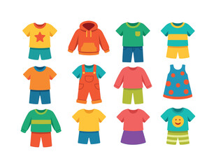 Kids' Casual Outfit Icons. Kids casual outfits. Colorful flat vector icons set of Kids casual outfits: t-shirt outfit, hoodie set, jeans look, sporty outfit,