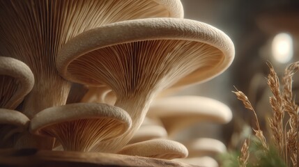 Mushroom Colony in Nature: Discover an intimate, natural scene, where a cluster of mushrooms, showcase their detailed textures and forms within a softly lit, organic environment.