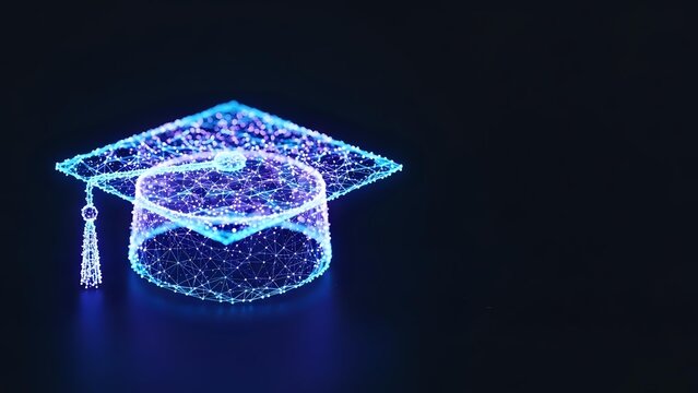 Glowing blue graduation cap made of connected dots and lines on dark background representing digital education and academic achievement in technology.