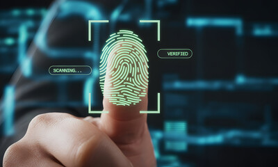Biometric authentication with glowing fingerprint scan and verified status