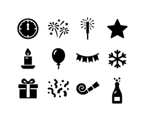 Fototapeta premium Festive Icons Grid. Festive countdown. Solid icon set of festive countdown: clock dial, fireworks, sparkler, star icon, candle, balloon, banner, snowflake,