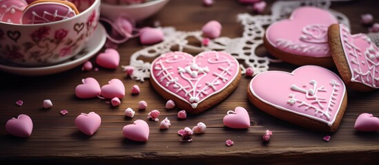 Heart shaped cookies for Valentine's Day with pink frosting