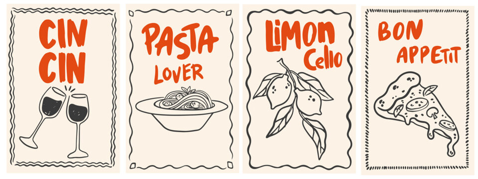 Hand drawn food posters. Whimsical Mediterranean prints with pizza, lemon, wine, and italian pasta. Breakfast, lunch, dinner. Vector La Dolce Vita style banners for wall decor, cafes and restaurants