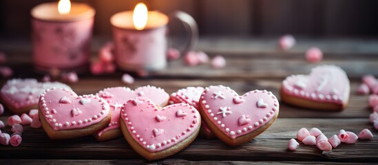 Heart shaped cookies for Valentine's Day with pink frosting