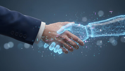Businessman shaking hands with futuristic robotic arm in digital handshake