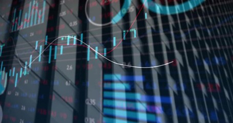 Animation of stock market and data processing over cityscape - Powered by Adobe
