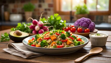 Vibrant Vegetarian Grain Bowl with Fresh Vegetables and Dressing