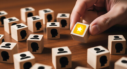 Hand picking special person with star on wooden block among others