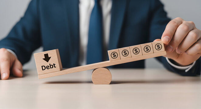 Businessman balancing debt and money on a seesaw with dollar signs and a downward arrow
