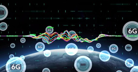 6G technology and data processing animation over Earth with digital graphs - Powered by Adobe