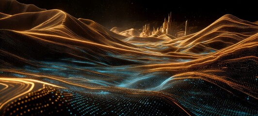 Futuristic Data Desert With Endless Algorithmic Sand Dunes, Glowing Code Patterns, Abstract Sci-Fi Towers, Minimal High-Tech Environment, Cinematic Ultra-Wide View