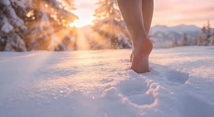 Fototapeta premium Bare feet walking through fresh snow at golden hour sunset with warm sunlight creating magical sparkles and footprints in pristine winter landscape.