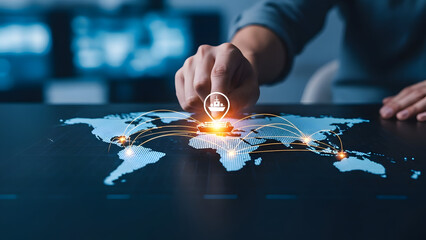 Businessman interacting with global network map on futuristic interface