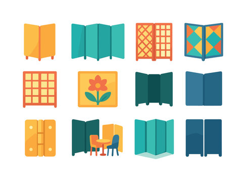 Colorful Folding Screen Icons. Folding screen. Colorful flat vector icons set of folding screen: three-panel screen, four-panel screen, lattice pattern panel,