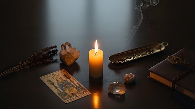 Mystical fortune telling setup with burning candle, tarot cards, crystals and incense creating atmospheric spiritual divination scene for esoteric practices.