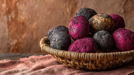 Basket of Exotic Potatoes: A rustic wicker basket overflows with a colorful assortment of unique, freshly harvested potatoes, their vibrant hues and textures complemented by a textured backdrop.