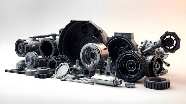 A collection of mechanical parts including gears, bearings, and cylindrical components arranged neatly on a clean surface. The setup highlights industrial manufacturing, precision engineering, and mec