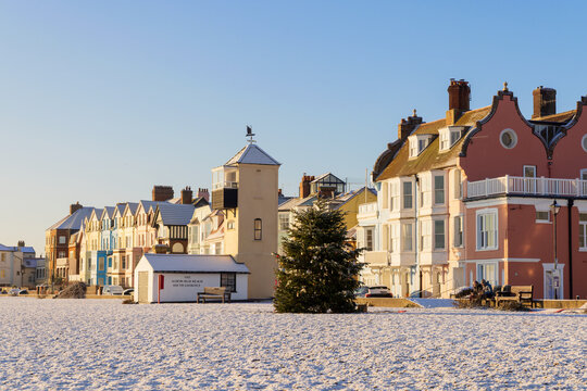 View of Aldeburgh beach with Christmas tree on a sunny, cold winter's day. January 5th, 2026. Aldeburgh, Suffolk. UK.