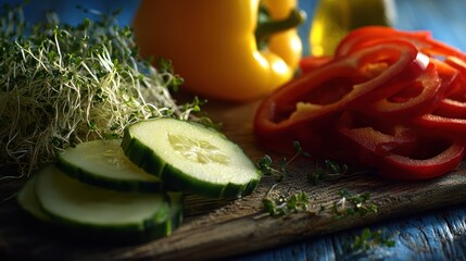 Fresh ingredients for healthy eating: A vibrant composition showcasing sliced cucumber, chopped red bell pepper, and yellow bell pepper with green sprouts, and olive oil on a wooden chopping board. 