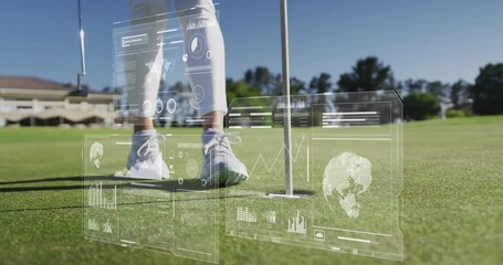 Female golfer reaching toward hole on sunlit green, overlaying tech HUD maps bar graphs pie charts - Powered by Adobe
