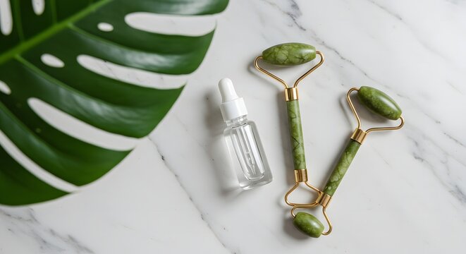 A serene flat lay featuring a jade roller serum bottle and monstera leaf on marble