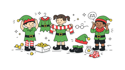 Fototapeta premium Festive Elf Dress-Up. Children dressing as elves creativity. Children choosing accessories like bells and scarves for elf outfits. Imagination and festive