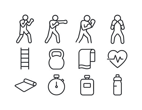 Boxing Workout Icons. Boxing fitness workouts. Line icon set of boxing fitness workouts: boxer stance pose, straight punch icon, hook punch icon, uppercut