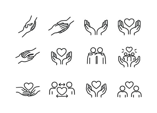 Kindness Icon Set. Kindness & Compassion. Line icon set of Kindness & Compassion: helping hand, supportive gesture, open palms, heart in hands, gentle support,