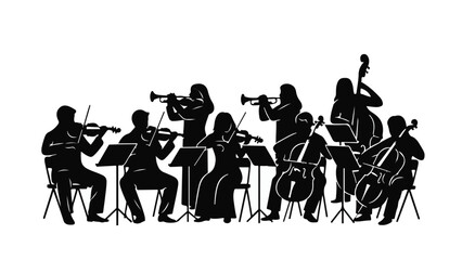Orchestra musicians performing classical music in silhouette