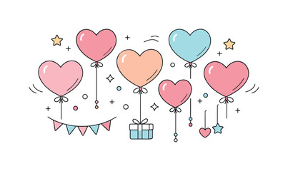 Fototapeta premium Romantic Balloon Festivity. Heart-shaped balloons and decorations. Soft heart balloons floating gently with light strings and small decorative elements,