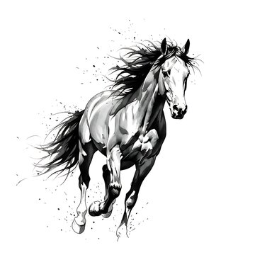 Minimalist artistic depiction of a wild horse running fast with fluid lines and dark ink textures for branding