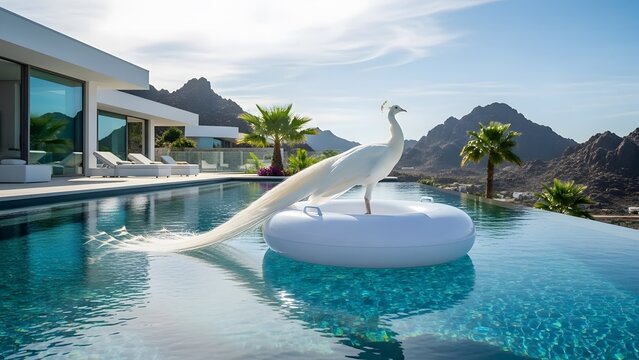 Luxury Villa with Infinity Pool and Peacock Float in a Mountainous Landscape.
