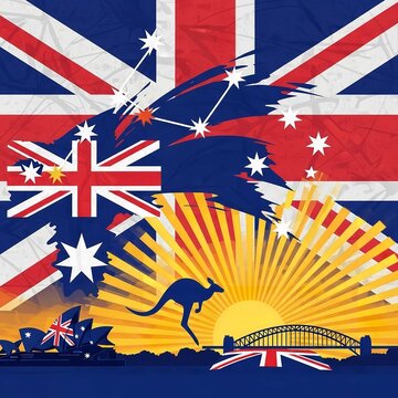 Vibrant collage of australian national symbols including the union jack, southern cross, kangaroo, sydney opera house, and harbour bridge against a stylized sunset