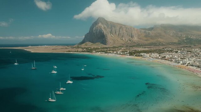 San Vito Lo Capo Sicily marina slow cinematic drone move and boats daytime part 1