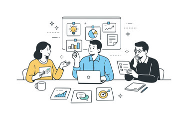 Collaborative Decision-Making Scene. Decision-making with shared knowledge. Managers reviewing insights and data cards from a common knowledge base. Informed