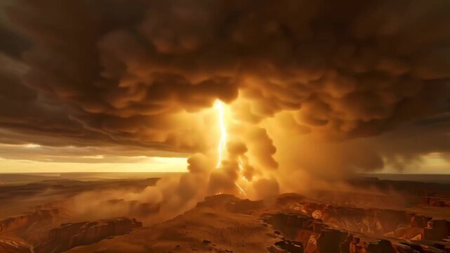 Cinematic 4K video massive supercell thunderstorm towering sculpted desert plateau sunset, golden-orange light rocky swirling dust wind, dramatic clouds lightning flashes, dynamic volumetric lighting