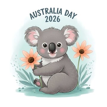 Cute koala bear holding flowers celebrating australia day 2026 watercolor illustration