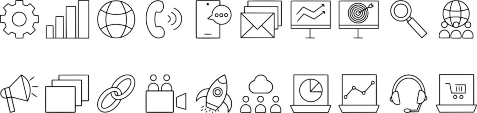 Digital marketing icon set. Outline style collection. Containing website, online advertising, social media, sales, e-commerce, network. Vector illustration.