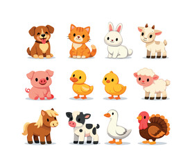 Fototapeta premium Colorful Farm Pets. Farm Pets. Colorful flat vector icons set of Farm Pets: friendly dog, cuddly cat, fluffy rabbit, gentle goat kid, playful piglet, curious