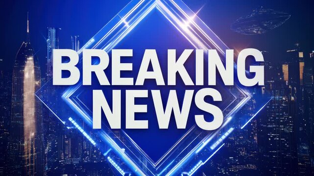 Dynamic breaking news video concept with a futuristic cityscape backdrop. Aerial angle highlights glowing neon elements and dramatic lighting. Live desktop wallpaper.