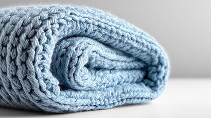 Soft Blue Knitted Blanket Rolled Up on White Surface