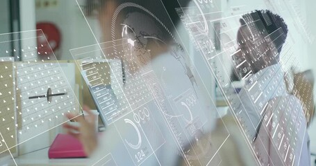 Businesswoman typing as dashboard animating, colleague collaborating scrolling charts and nodding - Powered by Adobe