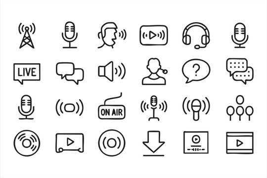 Podcast and audio streaming UI icons for live broadcast platforms