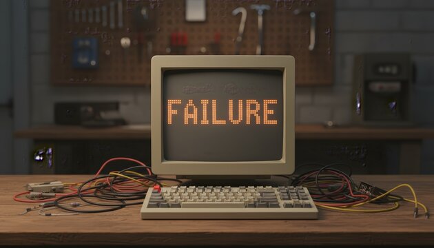 Retro desktop computer showing a failure prompt on its pixelated screen, surrounded by tangled cables and electronic components, symbolizing technical problems or system errors