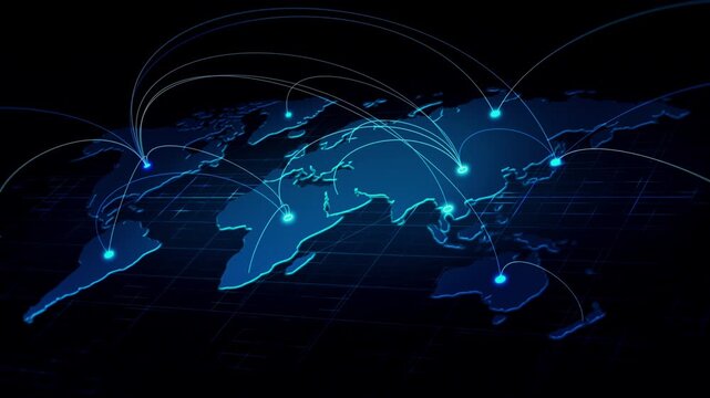 Global business network concept with connected world map illustrating international trade, corporate communication, digital economy, and cross-border business operations.