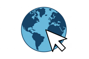 Blue globe with black computer mouse cursor earth isolated on a transparent background