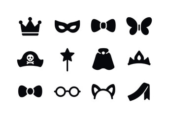 Party Costume Icons. Kids at a birthday party. Solid icon set of costumes & dress-up: crown, superhero mask, bow tie, fairy wings, pirate hat, wand star, cape,