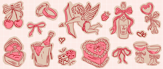 Cut out scrapbook wedding elements. Hand drawn whimsical bows, ribbons, cupid, cocktails, cake. Vector torn craft paper illustrations for wedding or valentine day card invitation.