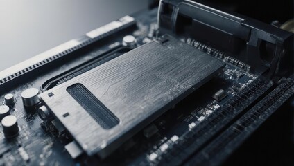 Close-up of a computer motherboard with a central processing unit.