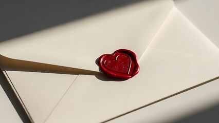 A white envelope sealed with a vibrant red heart shaped wax seal